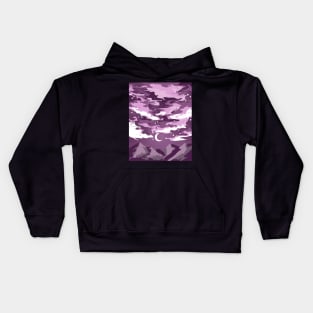 Pink cloudy sky above mountains with a crescent moon Kids Hoodie